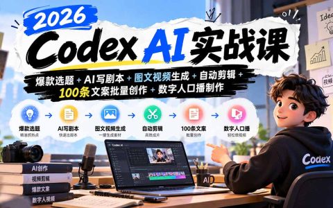 2026Codex AI实战课：零基础爆款选题+AI写剧本+图文视频生成+自动剪辑+100步骤条文案+数字人口播