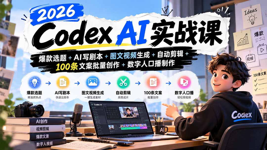 2026Codex AI实战课：零基础爆款选题+AI写剧本+图文视频生成+自动剪辑+100步骤条文案+数字人口播