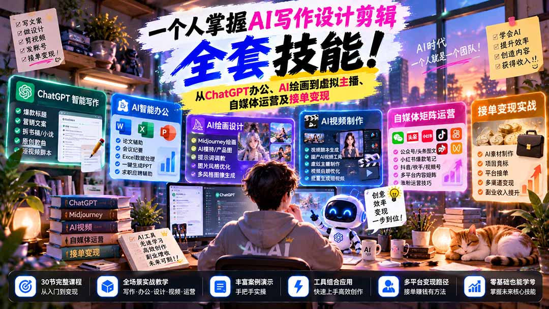 零基础AI全场景实战：ChatGPT+Midjourney+虚拟主播30节课掌握办公绘画剪辑与接单变现