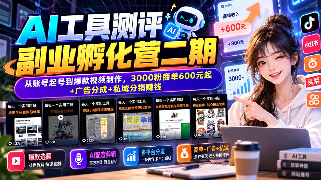 AI工具测评副业孵化营二期：短视频起号爆款剪辑+多平台变现