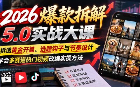 2026爆款拆解5.0实战课：黄金开篇+选题钩子+节奏设计，多赛道热门视频改编方法