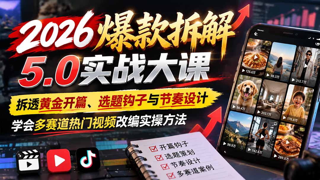 2026爆款拆解5.0实战课：黄金开篇+选题钩子+节奏设计，多赛道热门视频改编方法
