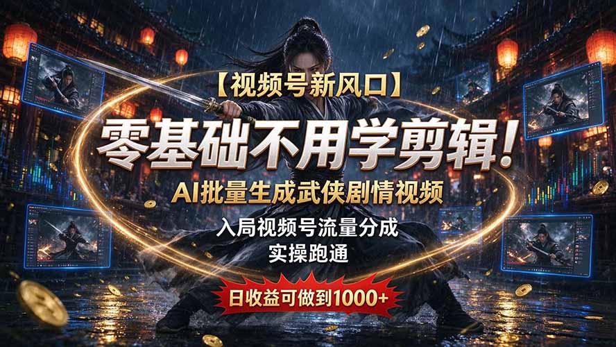 视频号AI武侠剧情视频教程，零基础批量出片流量分成变现100步骤0+