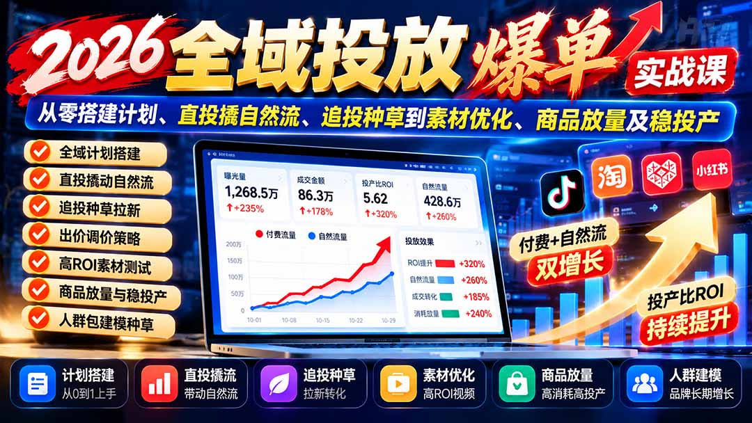2026全域投放爆单实战课：零基础计划搭建+直投撬自然流+素材优化稳投产
