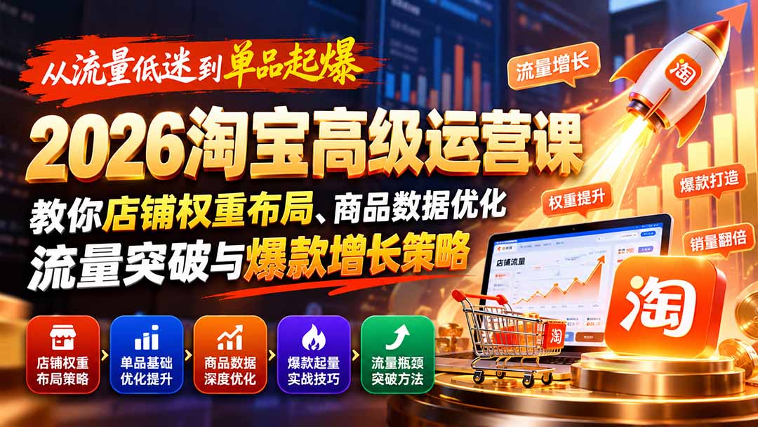 淘宝高级运营课2026：店铺权重布局+单品数据优化+流量突破与爆款起爆