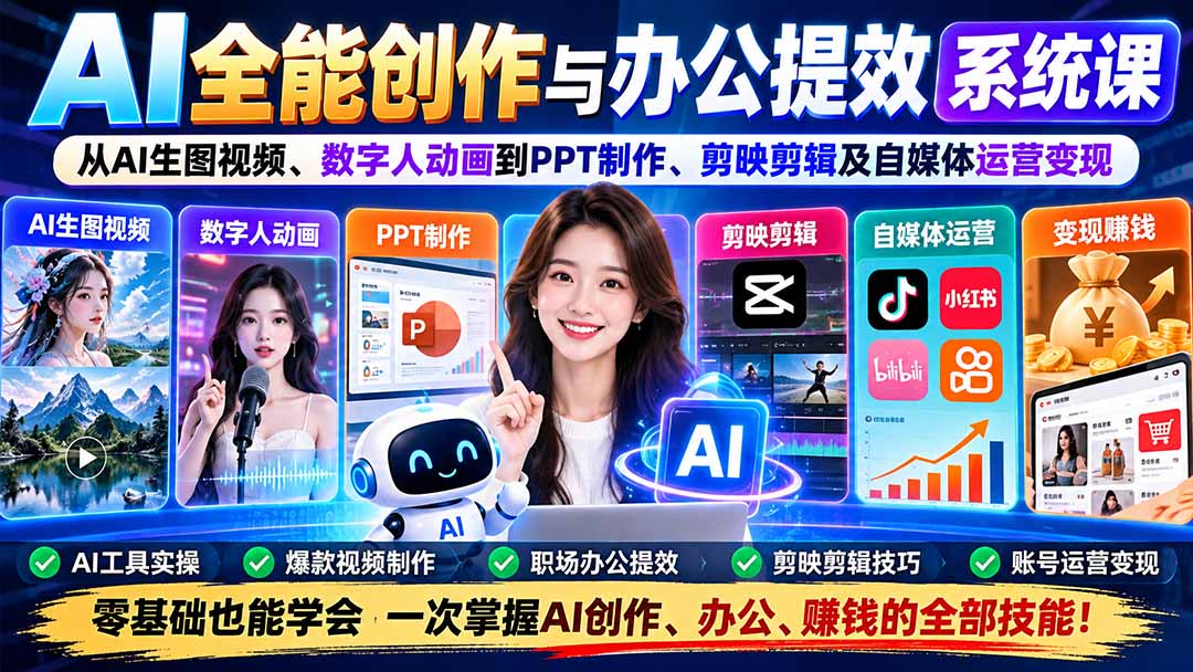 AI全能创作与办公提效课：DeepSeek生图视频数字人PPT剪映自媒体变现
