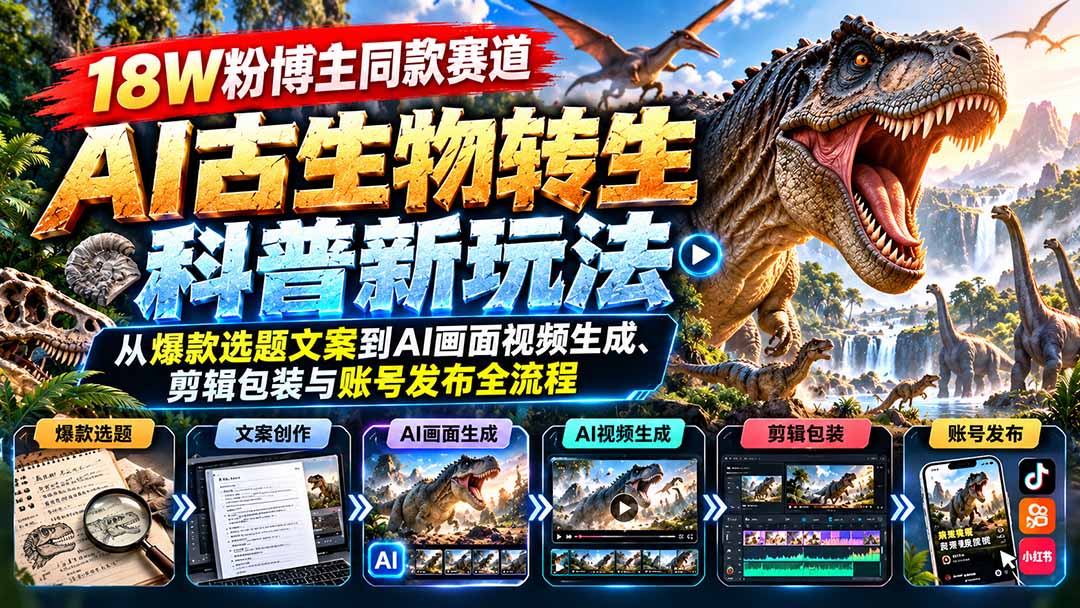 18W粉博主AI古生物转生科普课：爆款选题文案+AI视频制作剪辑发布全流程