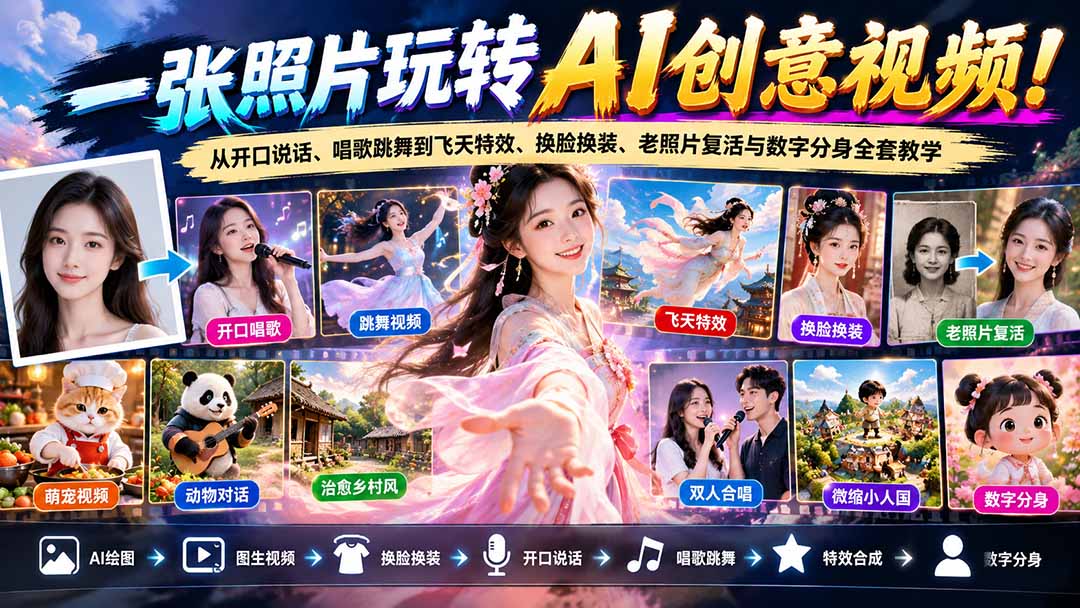一张照片玩转AI创意视频：50节实操课教你开口说话唱歌跳舞飞天换脸老照片复活数字分身全攻略