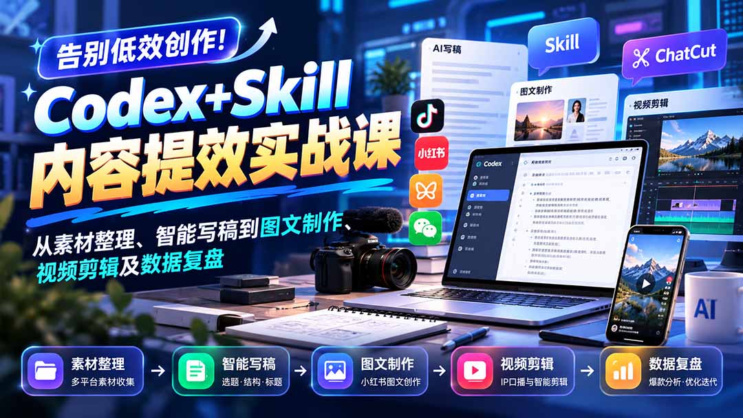 Codex+Skill内容提效实战课：8节课搭建素材整理与智能写稿系统