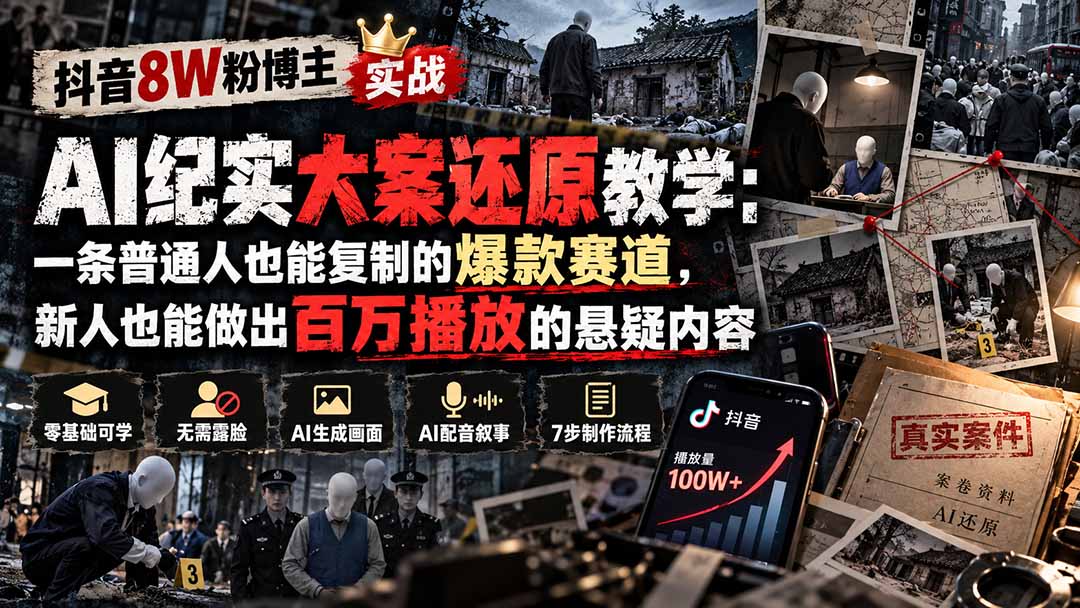 抖音8W粉博主AI纪实大案还原教学：零基础用AI做悬疑短视频起号变现
