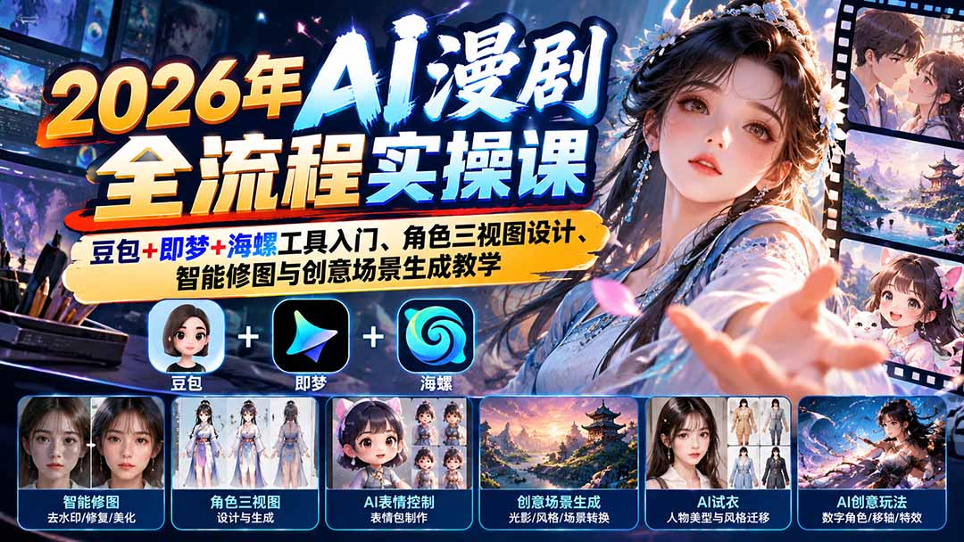 2026 AI漫剧实操课：豆包+即梦+海螺零基础入门，角色三视图与AI修图场景生成