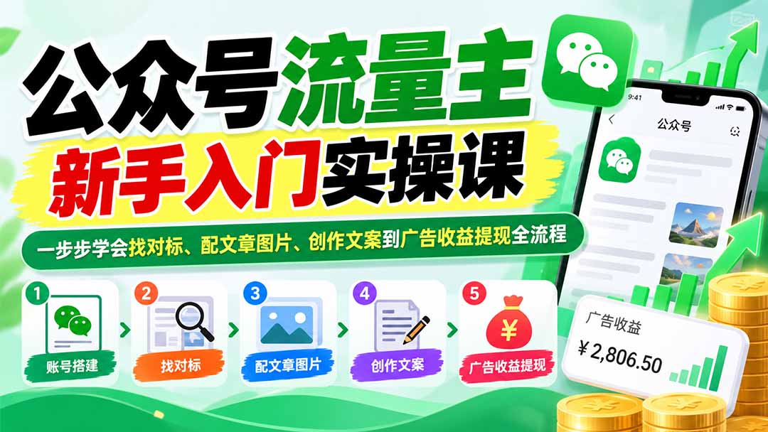 公众号流量主新手实操课：找对标配图文案创作到收益提现全流程