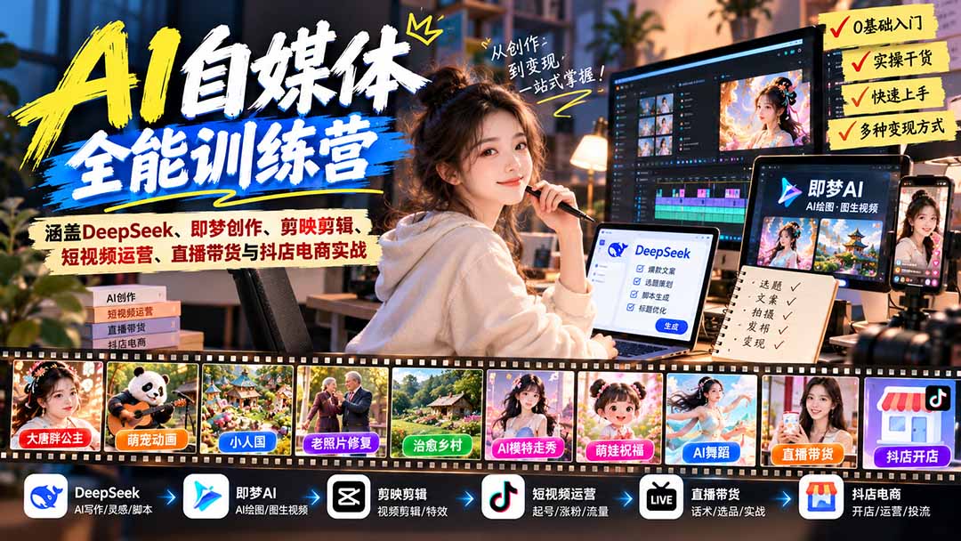 AI自媒体全能训练营：DeepSeek+即梦+剪映短视频运营直播带货抖店实战