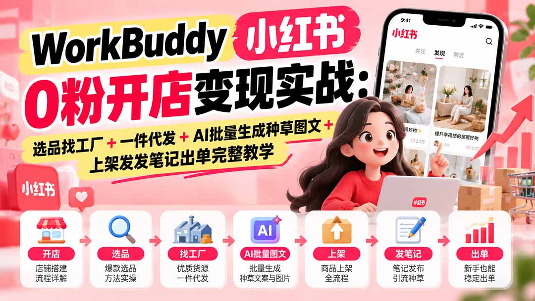 小红书0粉开店教程：WorkBuddy选品找工厂+AI批量图文出单