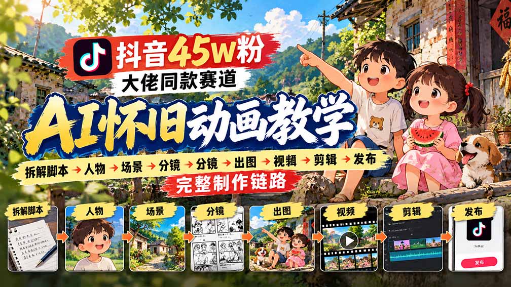 抖音45W粉同款AI怀旧动画课：脚本分镜+图生视频+剪映变现全流程