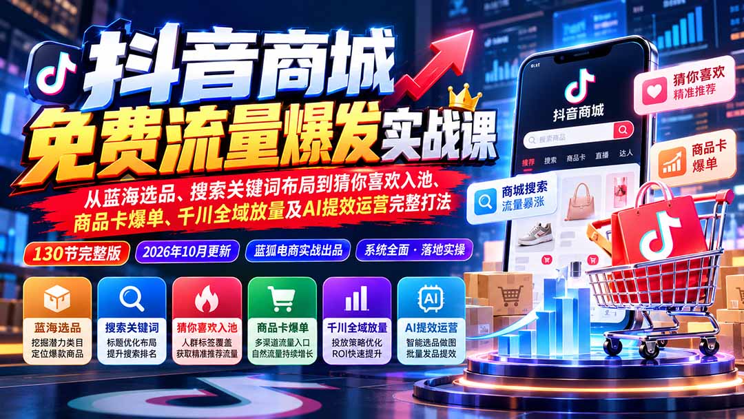 抖音小店免费流量实战：蓝海选品+搜索关键词+猜你喜欢入池+商品卡爆单+千川全域放量AI提效