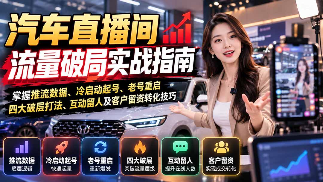 汽车直播起号实战：推流数据优化+冷启动老号重启+四大破层留人留资转化指南