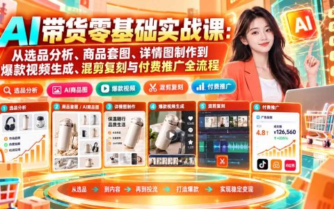 AI带货零基础实战：选品套图详情图制作与爆款视频生成混剪推广