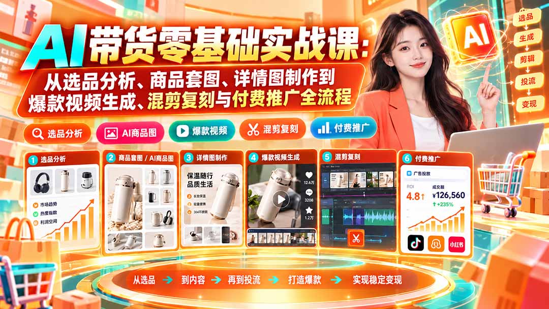 AI带货零基础实战：选品套图详情图制作与爆款视频生成混剪推广