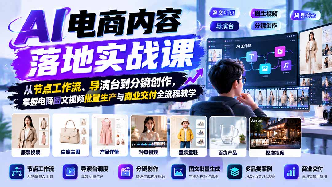 AI电商内容实战：节点工作流+导演台+分镜，图文视频批量生产与商业交付