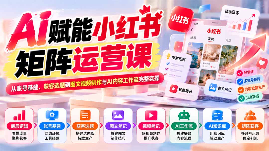 AI小红书矩阵获客课：账号基建+选题库+图文视频+AI工作流实操