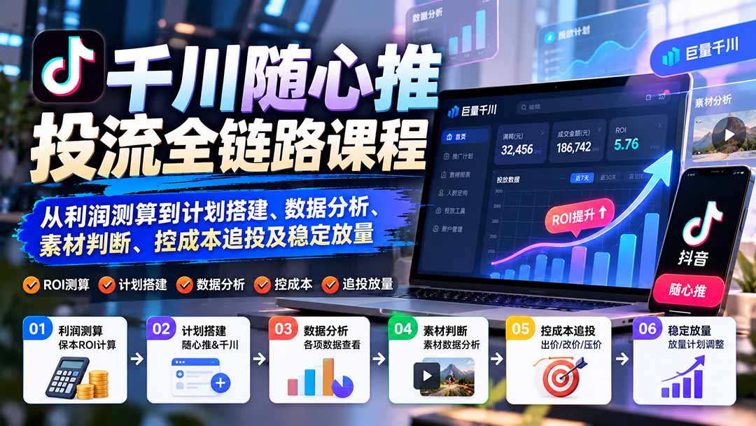 千川随心推投流全链路：保本ROI测算+计划搭建+数据分析+控成本追投放量