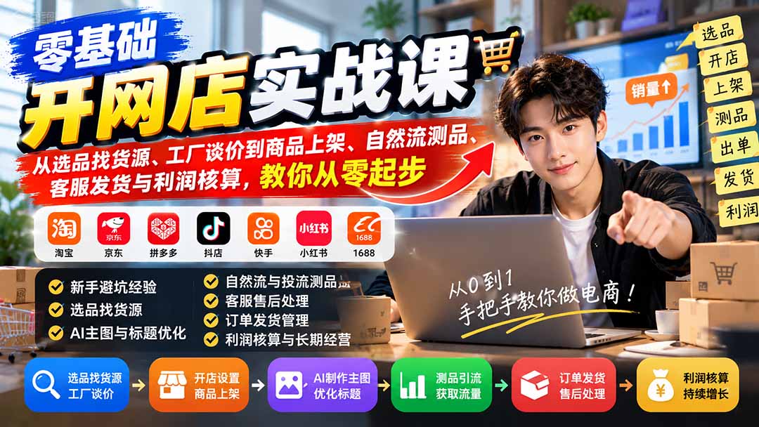 零基础开网店实战：选品找货源、工厂谈价、AI主图与自然流测品全流程