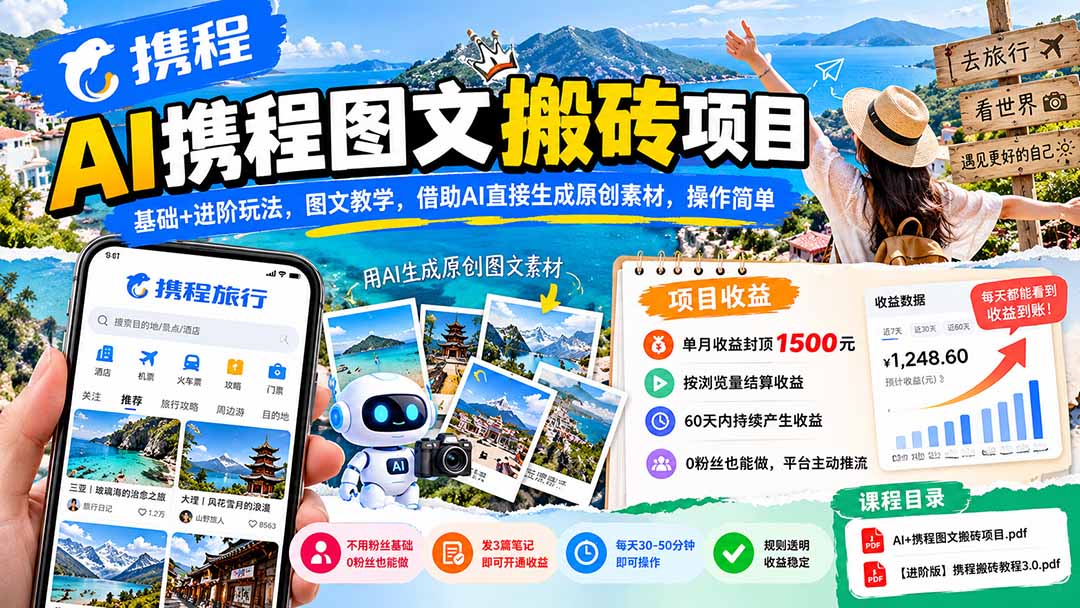 AI携程图文搬砖项目：0粉丝发笔记赚收益，基础+进阶图文教程