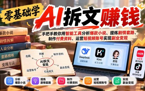 零基础AI拆文赚钱教程：DeepSeek拆解爆款小说套路，制作资料包运营小红书抖音副业变现