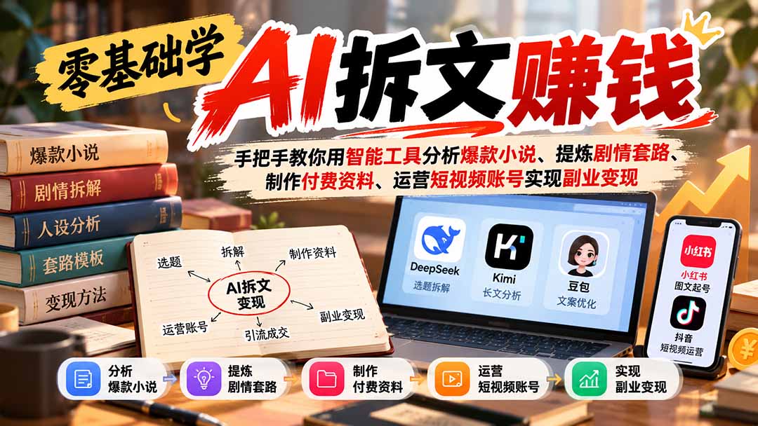 零基础AI拆文赚钱教程：DeepSeek拆解爆款小说套路，制作资料包运营小红书抖音副业变现