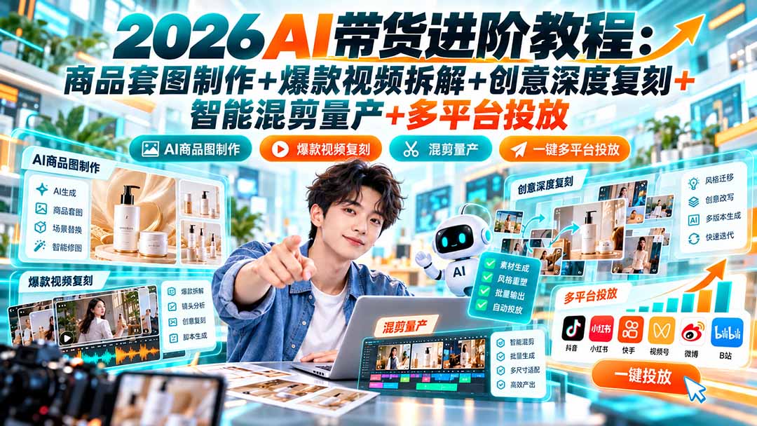 2026AI带货教程：商品套图+爆款视频复刻+智能混剪量产与多平台投放