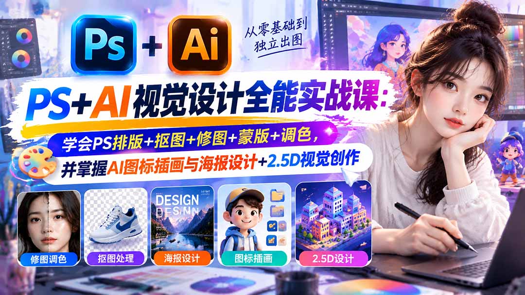 PS+AI视觉设计实战课：零基础学抠图修图调色与海报插画2.5D