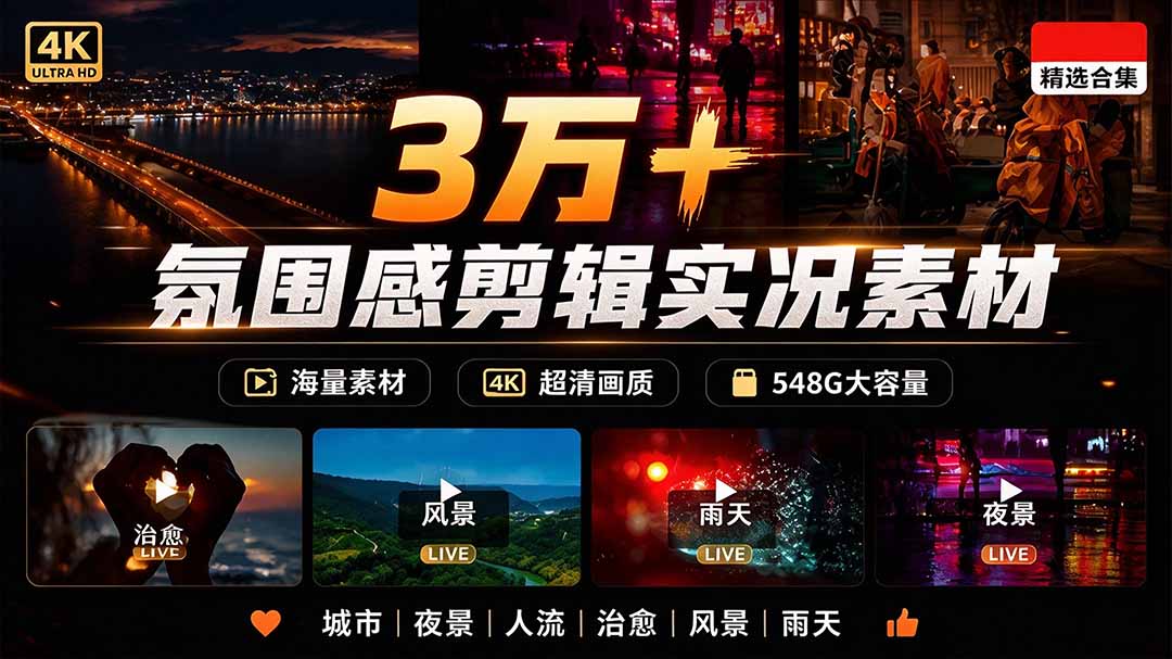 3万+高清剪辑实况素材包｜雨天雪天夜景街道无水印短视频素材
