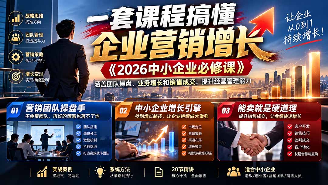 一套课程搞懂企业营销增长《2026中小企业必修课》涵盖团队操盘、业务增长和销售成交，提升经营管理能力