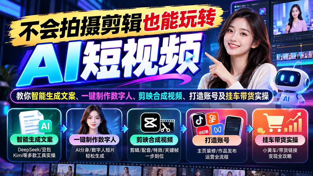 零基础AI短视频实操课：DeepSeek文案+剪映剪辑+数字人制作与带货