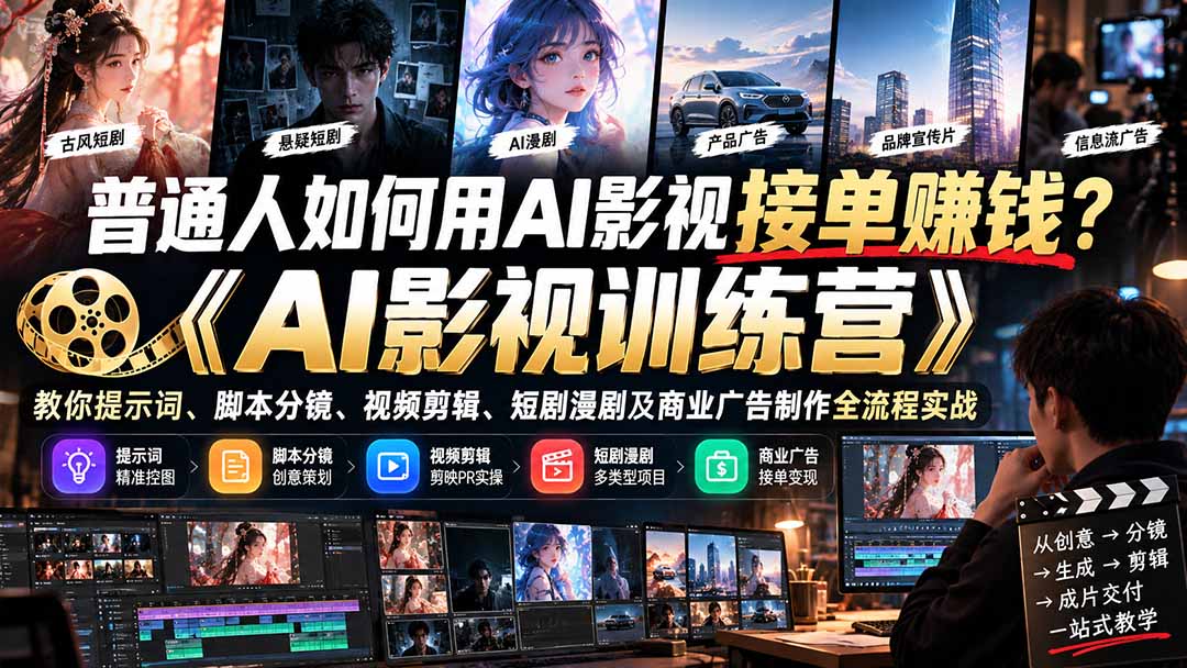 普通人AI影视接单赚钱：提示词脚本分镜剪映PR全流程实战