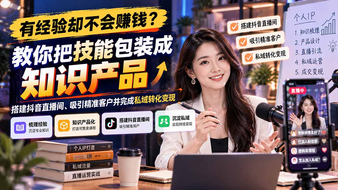 有经验不会赚钱？技能包装成知识产品，抖音直播获客私域变现课