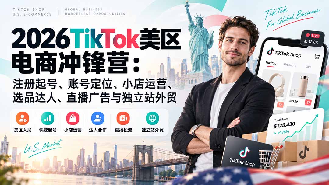 2026TikTok美区电商冲锋营：注册起号、小店运营、达人直播与广告投流实操
