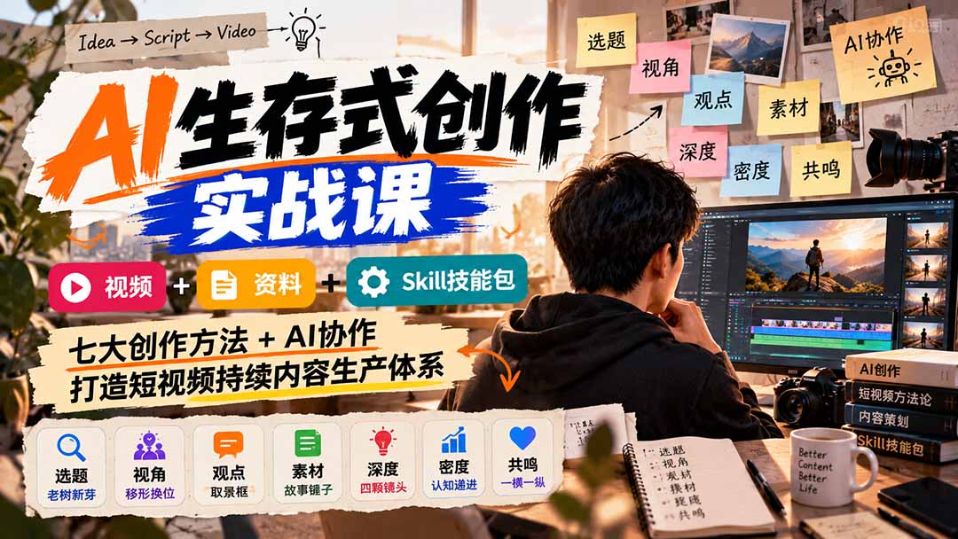AI短视频创作课：七大创作方法+AI协作+Skill技能包，告别灵感枯竭