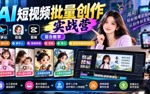 AI短视频批量创作实战：即梦+豆包+剪映提示词数字人剪辑带货育儿寓言古诗词制作教程