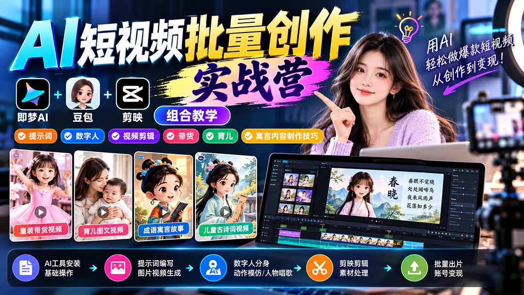 AI短视频批量创作实战：即梦+豆包+剪映提示词数字人剪辑带货育儿寓言古诗词制作教程