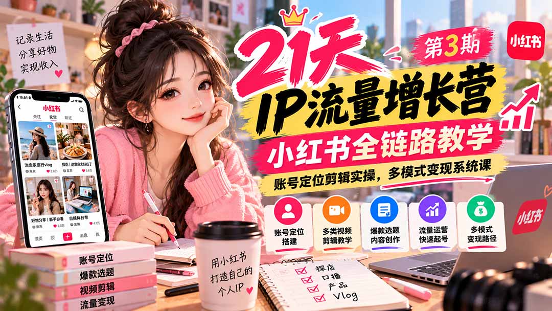【无水印】21天IP流量增长营第3期：小红书全链路教学+账号定位剪辑实操+多模式变现