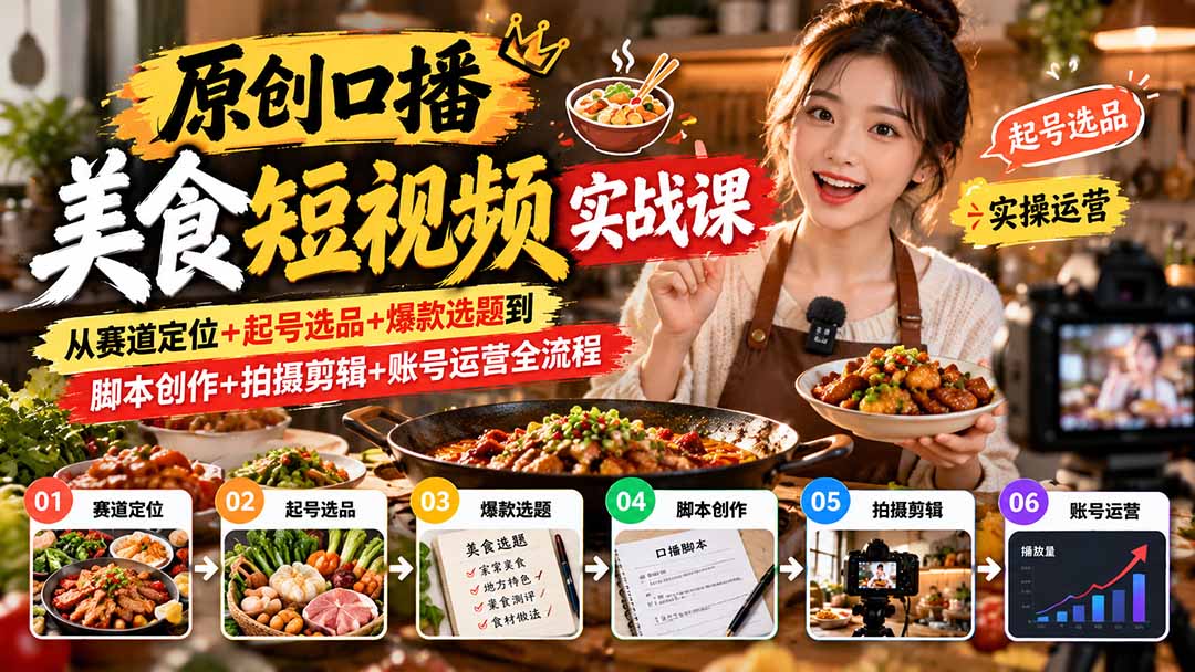 原创口播美食短视频实战课：起号选品+爆款选题+脚本拍摄剪辑与账号运营