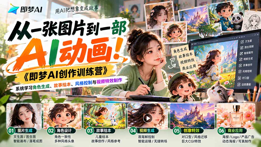 即梦AI全攻略：角色生成到视频特效，47节掌握AI动画与绘本创作