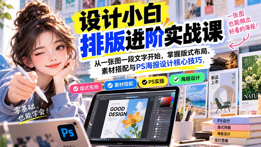 设计小白排版进阶实战课：PS海报版式布局与图文搭配自学技巧