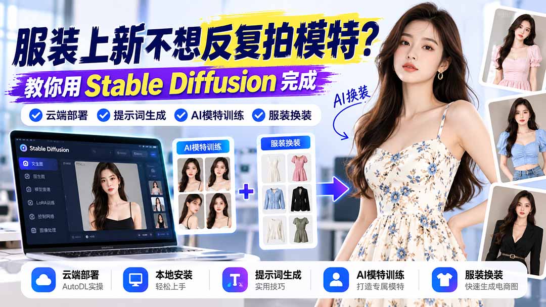 Stable Diffusion电商AI模特换装教程：云端部署+提示词+模特训练与服装换装实操