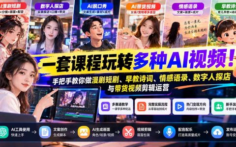 零基础AI视频全链路实操课：漫剧短剧+数字人探店+带货剪辑起号变现