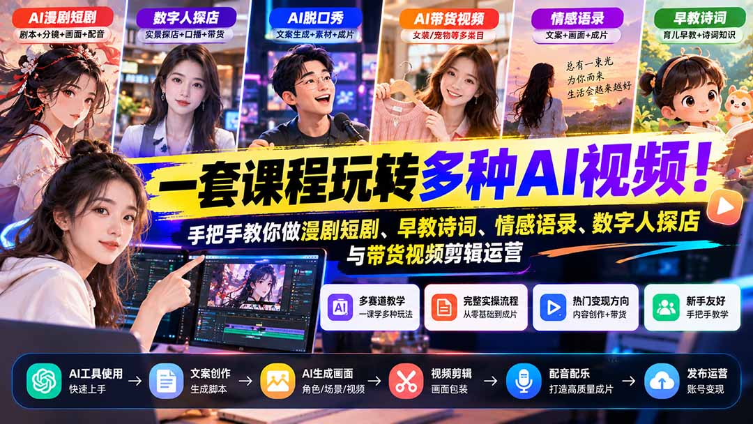 零基础AI视频全链路实操课：漫剧短剧+数字人探店+带货剪辑起号变现