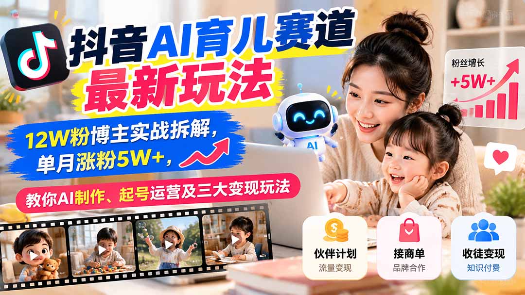 抖音AI育儿起号运营全攻略：12W粉博主单月涨粉5W+实战，含AI制作与三大变现玩法