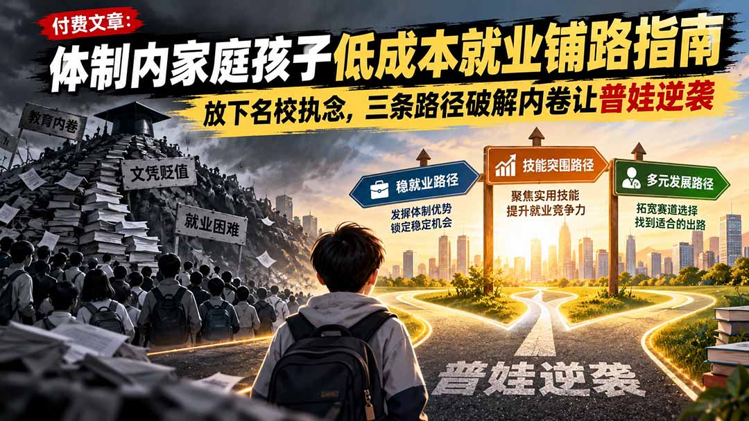 体制内家庭孩子低成本就业铺路指南：放下名校执念，三条路径破解教育内卷让普娃逆袭